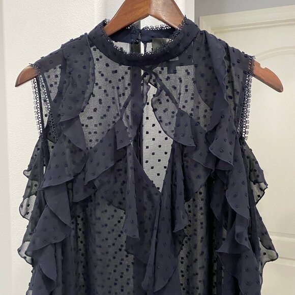 Nicholas Ruffle Trim Cold Shoulder Blouse Sheer Swiss Dot Top Navy Blue Size 6 • - Picture 3 of 7